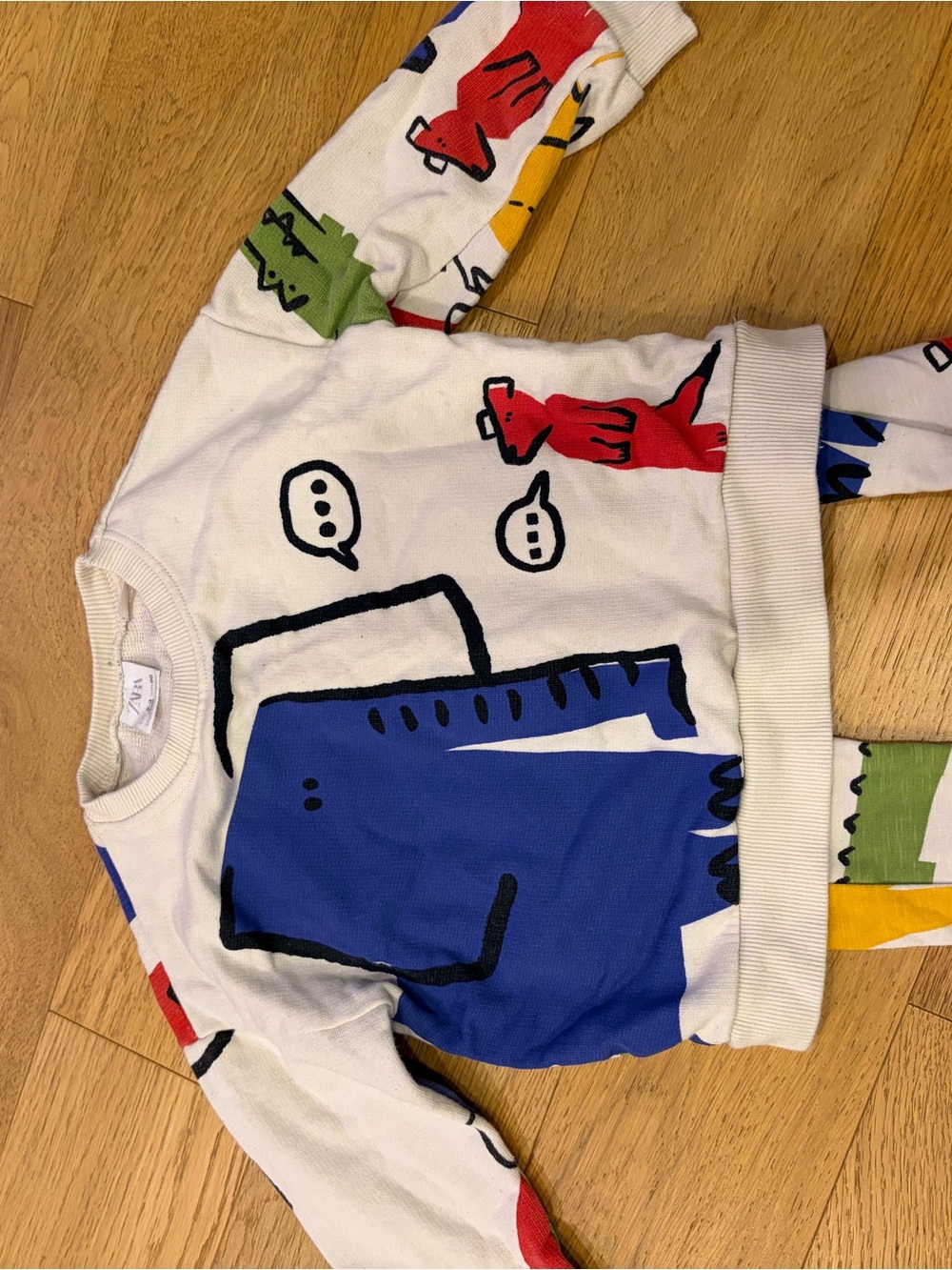 Zara White Graphic Kids Pajama Top with Blue, Red, Green & Yellow Prints